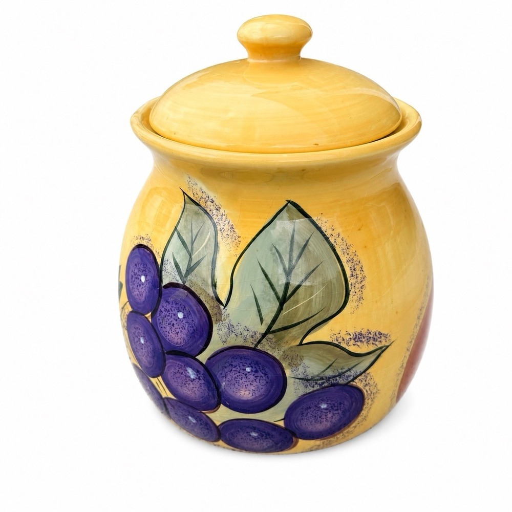 Vintage Hand Painted Yellow Ceramic Cookie Jar Canister Grapes Fruit Kitchen